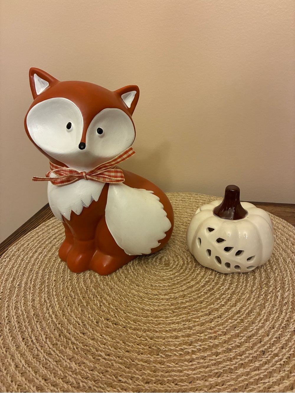 Ceramic Fox 🦊 Figurine with Bow - Rust & White and LED white pumpkin